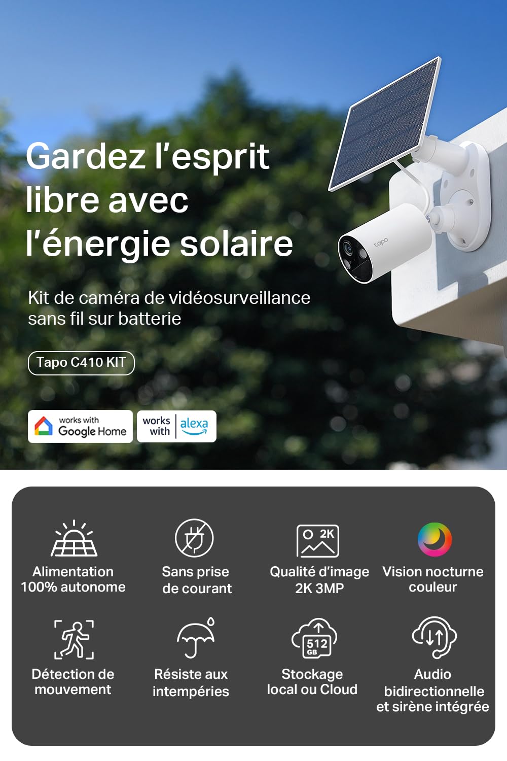 Tapo C410 KIT 2K(3MP) Caméra de Surveillance WiFi Extérieure sans Fil Solaire, Autonomie permanente de la Batterie, Personne Détection, Vision Nocturne en Couleur, IP65 Etanche, Aucune hub requis