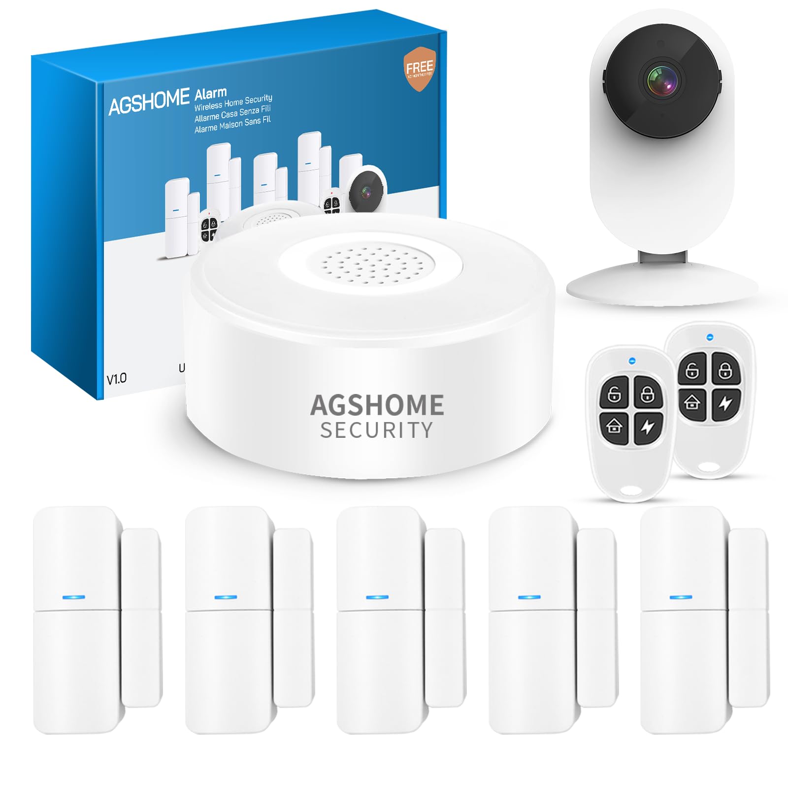 AGSHOME Kit Alarme Maison sans Fil avec Caméra WiFi 1080P, Système d’Alarme Connecté 9 Pièces, Sirène 120 DB, WiFi 2.4GHz, Compatible Alexa