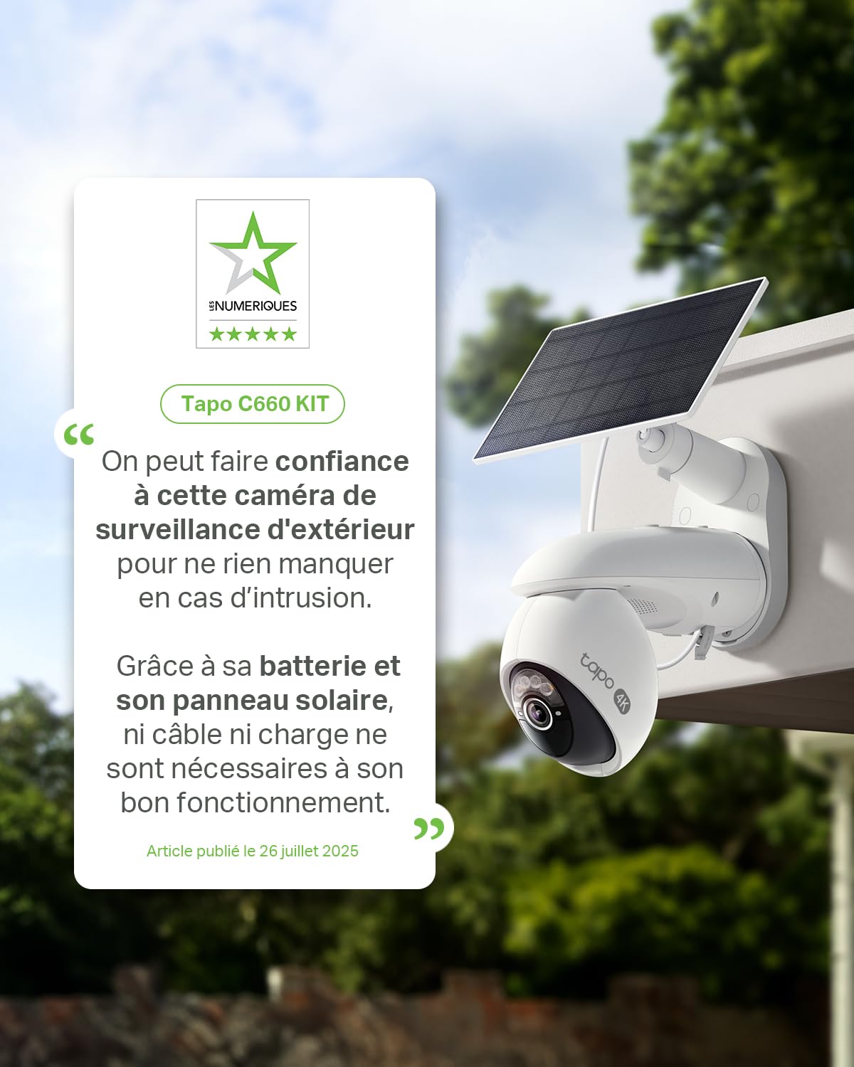 Tapo C660 Kit Caméra de Surveillance extérieure avec Panneau Solaire 4K 8MP, Vision 360°, Vision Nocturne Couleur Starlight, Batterie 10 000 mAh, détection IA, IP66, Alarme Rapide et antivol