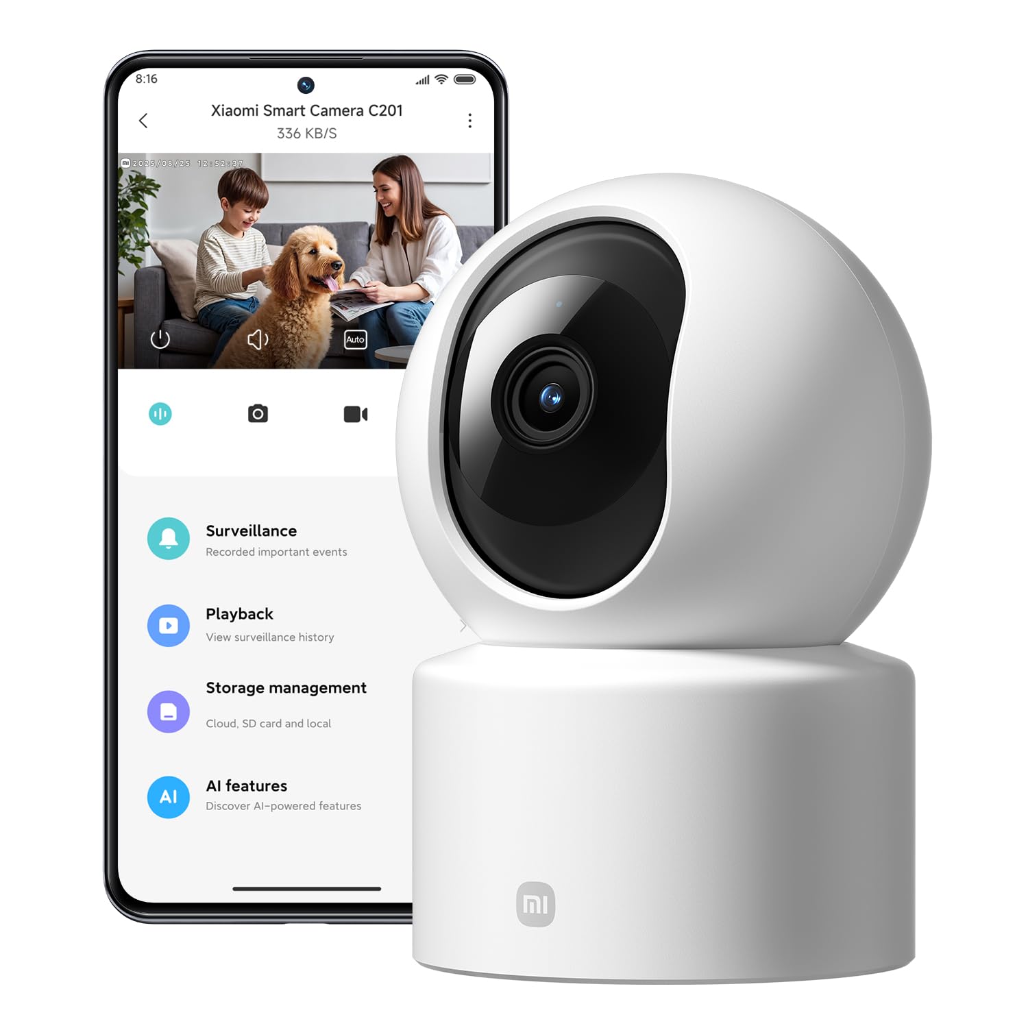 XIAOMI C201 1080p HD, caméra de sécurité, WiFi 6, 360° Panorama, Vision Nocturne Couleur, Protection Objectif, Audio bidirectionnel, babyphone, caméra Animaux, Compatible avec Alexa et Google