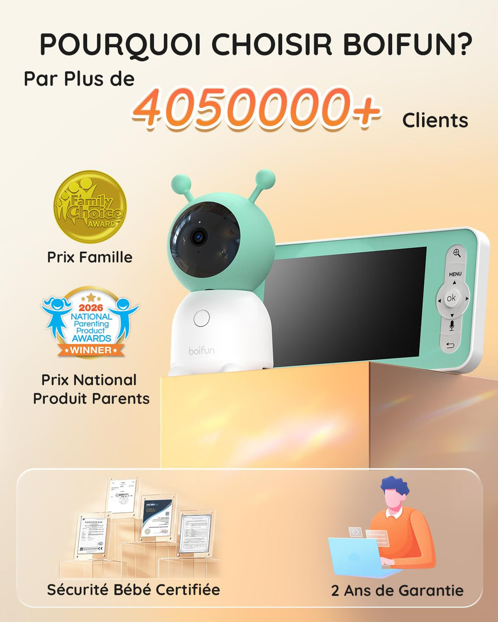 BOIFUN Babyphone Camera Bébé 2K, Baby Phone avec Caméra WiFi et Moniteur 5", Vision Nocturne Invisible, Veilleuse Bébé Colorée Réglable, Alerte Mouvements/Pleurs, Température, Zoom 4X, Rappel Biberon