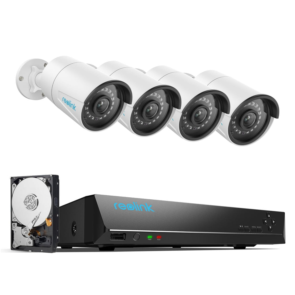 Reolink 5MP Caméra de Surveillance Extérieure, Kit Vidéo Surveillance avec 8CH 2To NVR et Caméra IP PoE Filaire 4X 5MP, Détection Personne/Véhicule, Vision Nocturne 30m avec Audio, RLK8-520D4-5MP