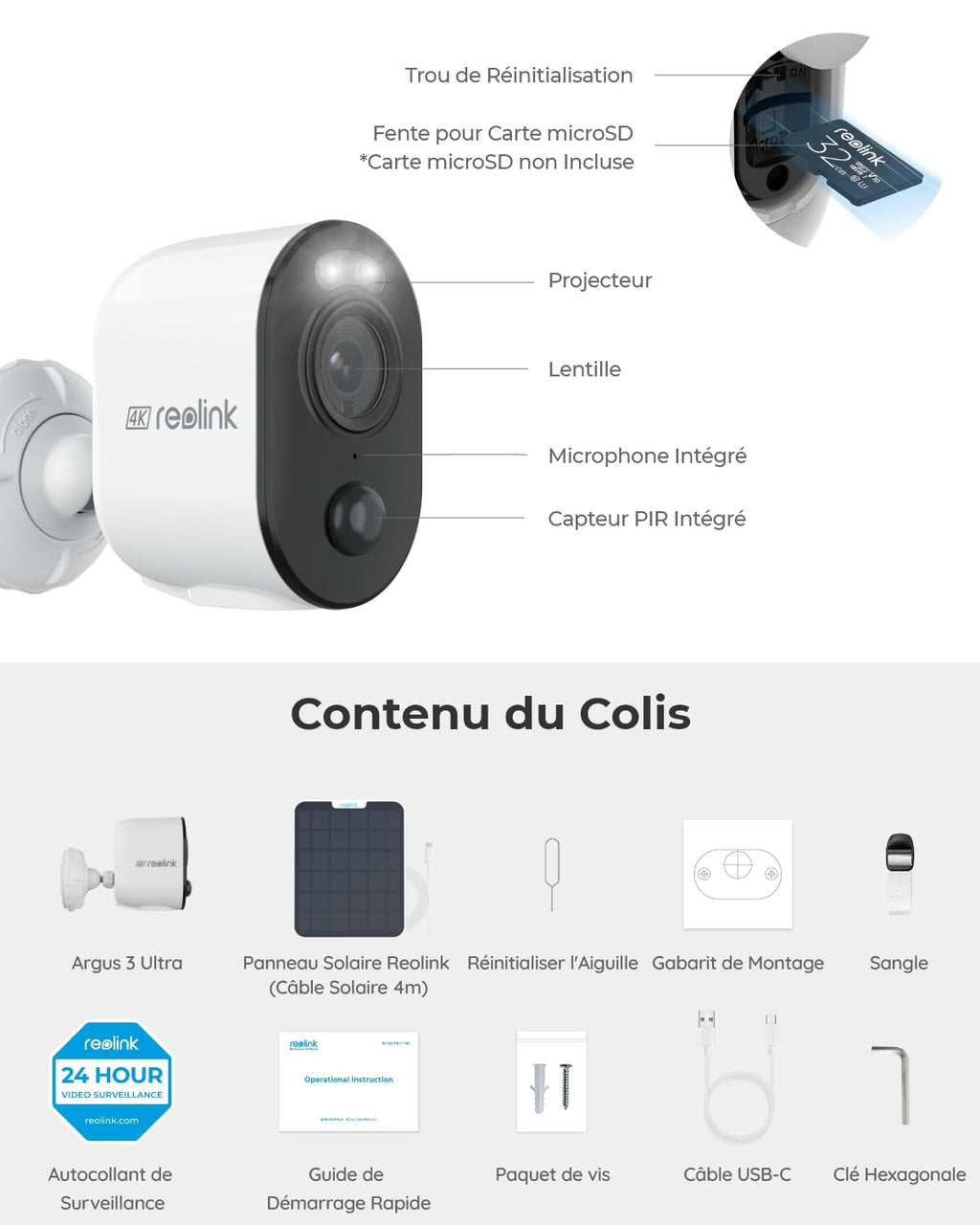 Reolink 4K Caméra Surveillance WiFi Exterieure sans Fil, Détection de Personne/Véhicule/Animal, WiFi 2,4/5 GHz, Vision Nocturne en Couleur, Audio Bidirectionnel, Argus 3 Ultra+Panneau Solaire Noir