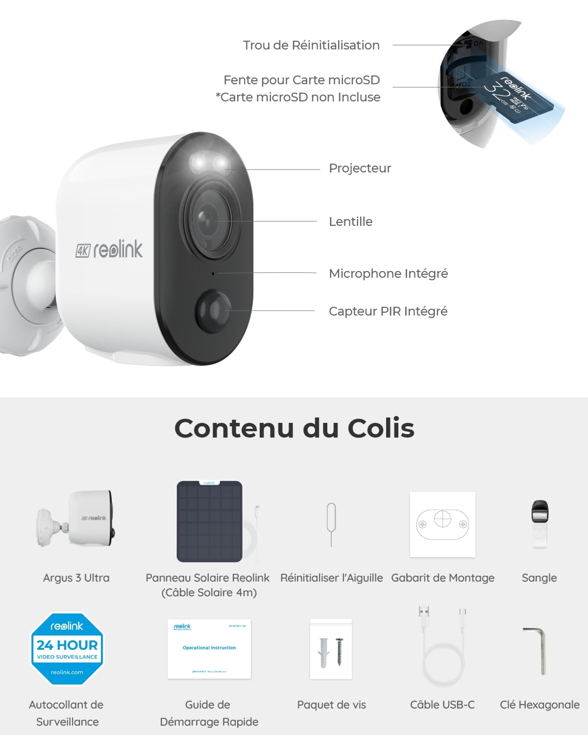 Reolink 4K Caméra Surveillance WiFi Exterieure sans Fil, Détection de Personne/Véhicule/Animal, WiFi 2,4/5 GHz, Vision Nocturne en Couleur, Audio Bidirectionnel, Argus 3 Ultra+Panneau Solaire Noir
