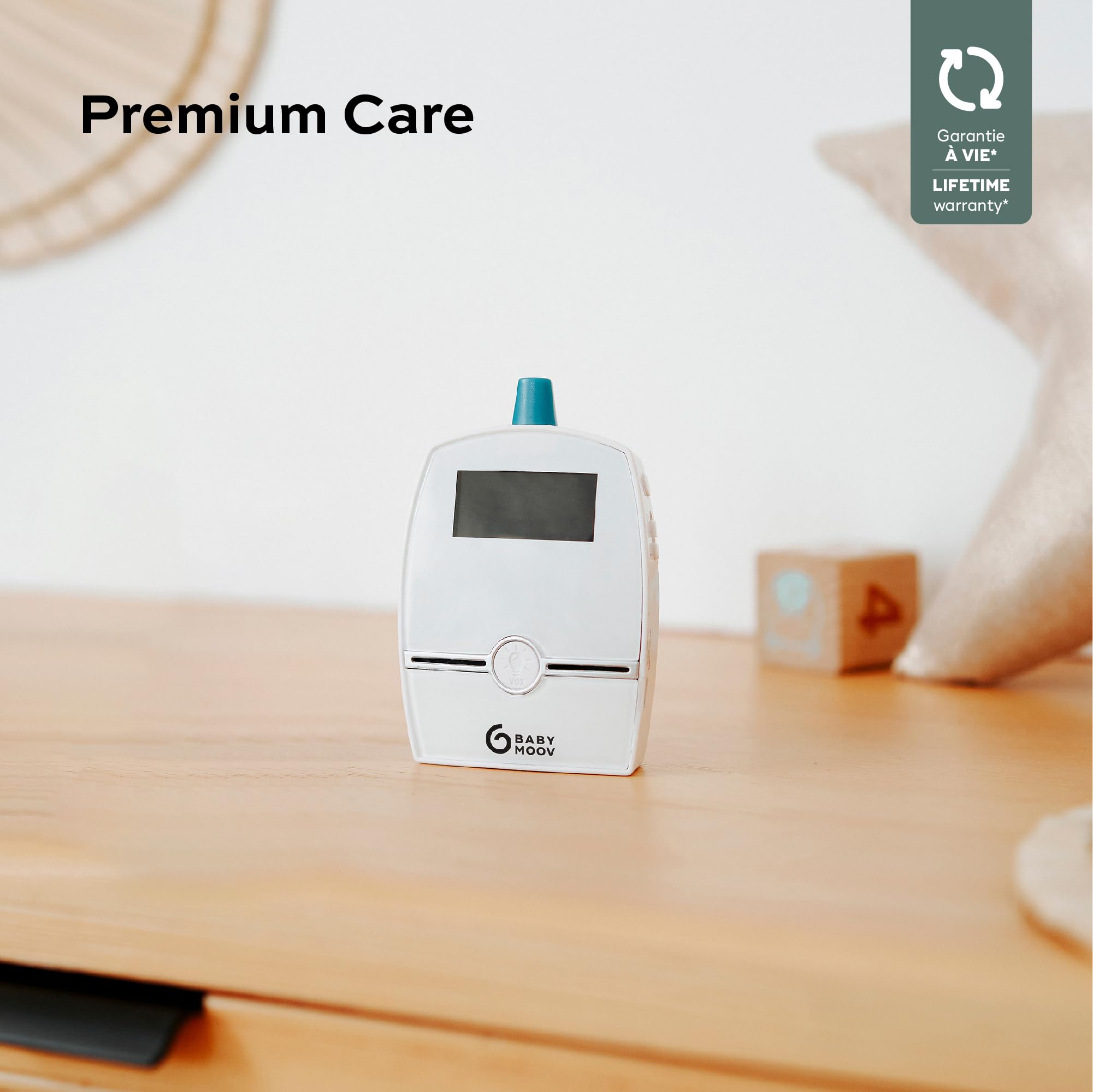 Babymoov Babyphone Audio Premium Care, Faible Emission d'Ondes avec Détecteur de Mouvement, Portée 1400m, Veilleuse, Berceuses, Capteur de Température, Talkie-Walkie