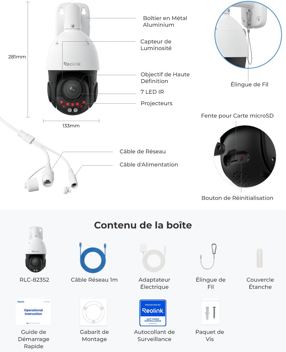 Reolink 4K PTZ Caméra Surveillance PoE, Zoom Optique 3D 16X, Pan 360°+Tilt 90°, Suivi Automatique, Vision Nocturne Jusqu'à 80m, Détection de Personne/Véhicule/Animal, Audio Bidirectionnel, RLC-823S2