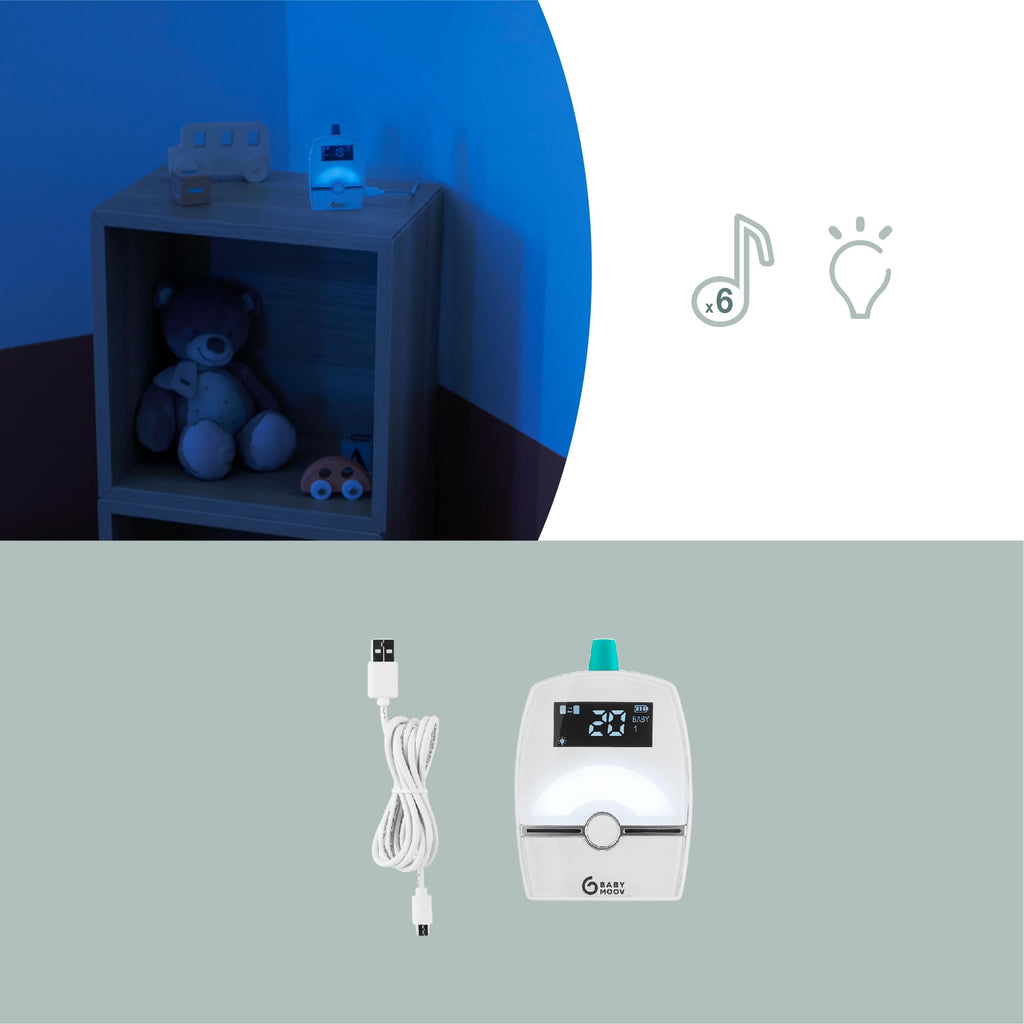 Babymoov Babyphone Audio Premium Care, Faible Emission d'Ondes avec Détecteur de Mouvement, Portée 1400m, Veilleuse, Berceuses, Capteur de Température, Talkie-Walkie