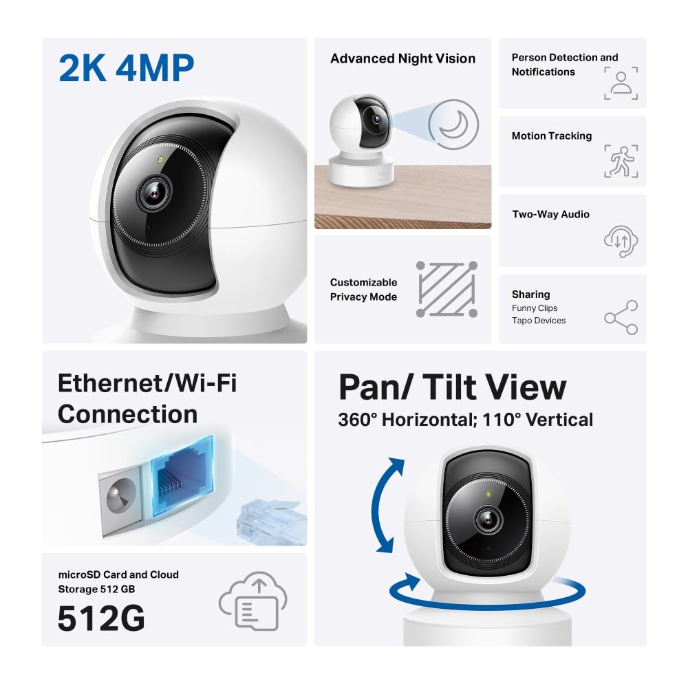 Tapo 2.5K(4MP) Caméra de Surveillance WiFi intérieure 360°, Détection Humaine AI Suivi Intelligent, Sirène et détection de Mouvement, Audio bidirectionnel, Compatible Alexa pour Bébé/Animaux C220