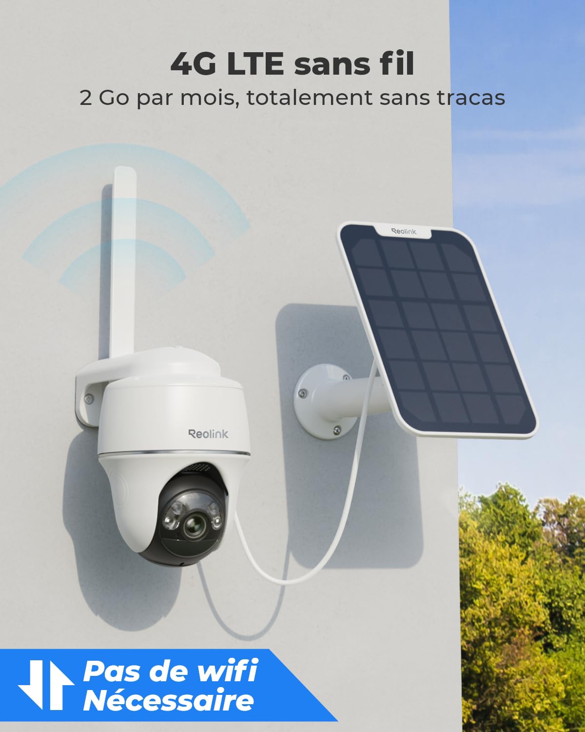 Reolink 3G/4G LTE Camera Surveillance Extérieure avec Carte SIM+microSD 32Go, 5MP Caméra Solaire PT, Détection Intelligente, Vision Nocturne Couleur, Audio Bidirectionnel, Go PT Plus+Panneau Solaire