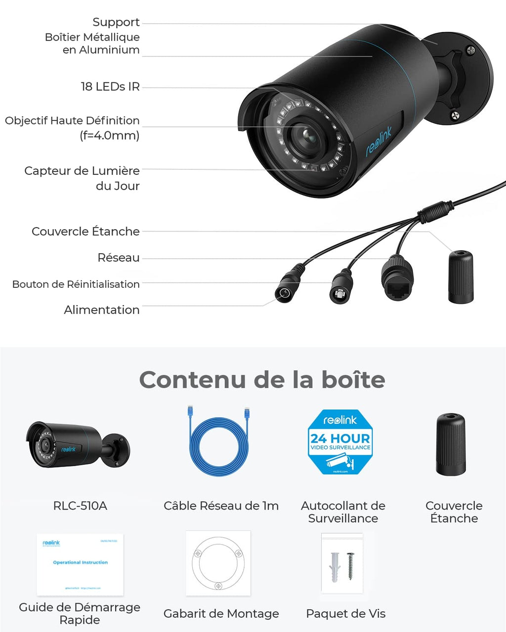 Reolink 5MP Caméra de Surveillance Extérieure PoE, Caméra IP Extérieure avec Détection Personne/Véhicule, Etanche IP67, Time Lapse, Vision Nocturne IR 30m, Support Audio et Carte microSD, RLC-510A