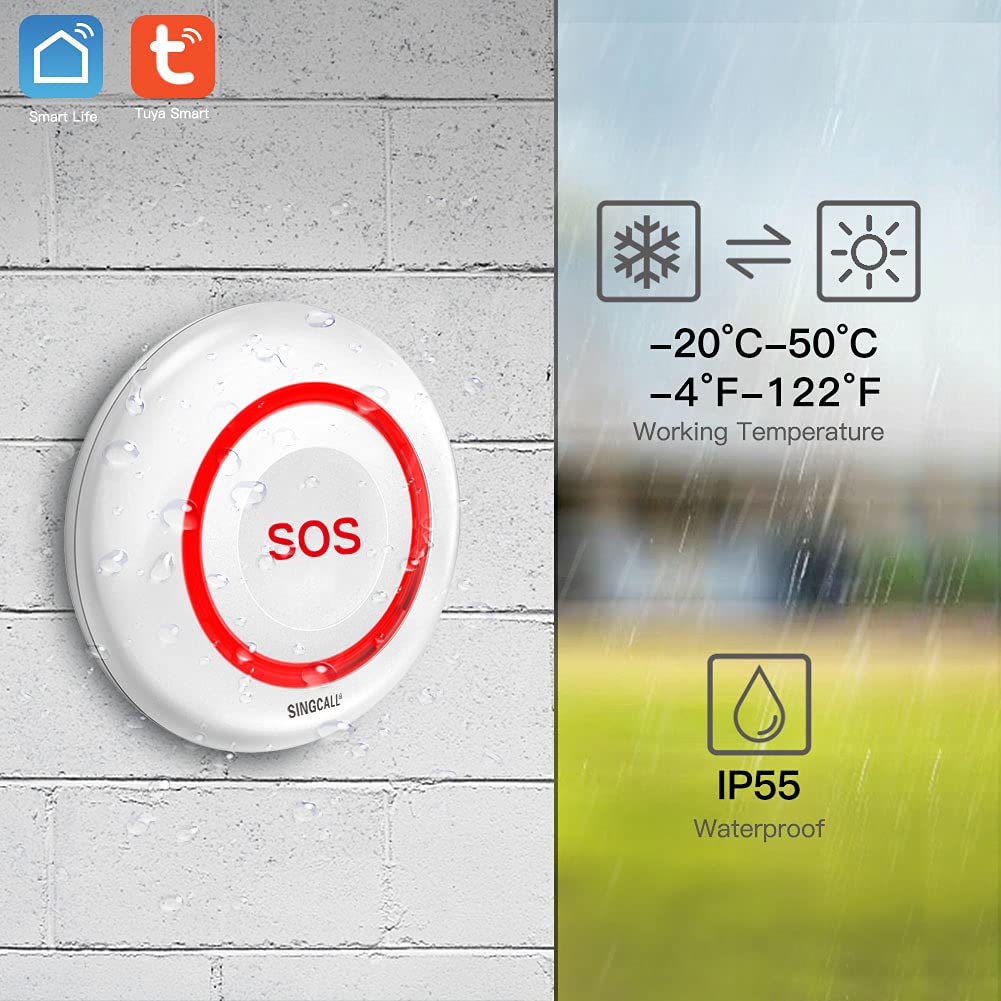 SINGCALL Tuya WiFi Smart Bouton d'urgence SOS, Alarme Personnelle pour Personnes Agées/Enfants/Patients,Téléavertisseur Rechargeable pour Aidants à Domicile,WiFi 2.4Ghz Uniquement, sans Abonnement