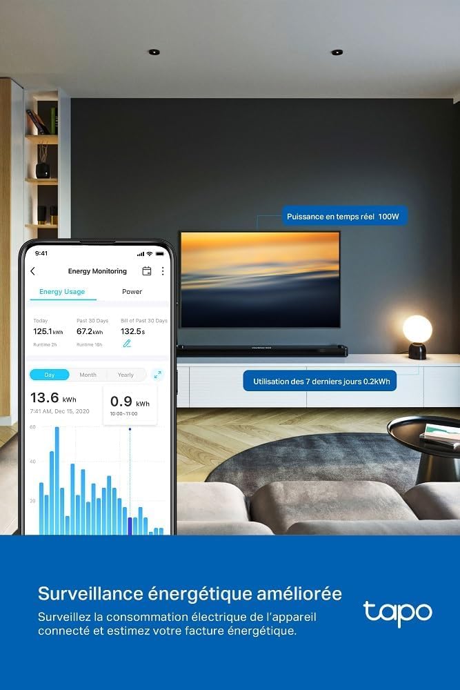 Tapo Matter Prise Connectée WiFi, Suivi de consommation, 16A Type E, Compatible avec Alexa, Google Home et SmartThings, Contrôler le radiateur, le chauffage, Économie d'énergie, Tapo P110M 2-pack(FR)