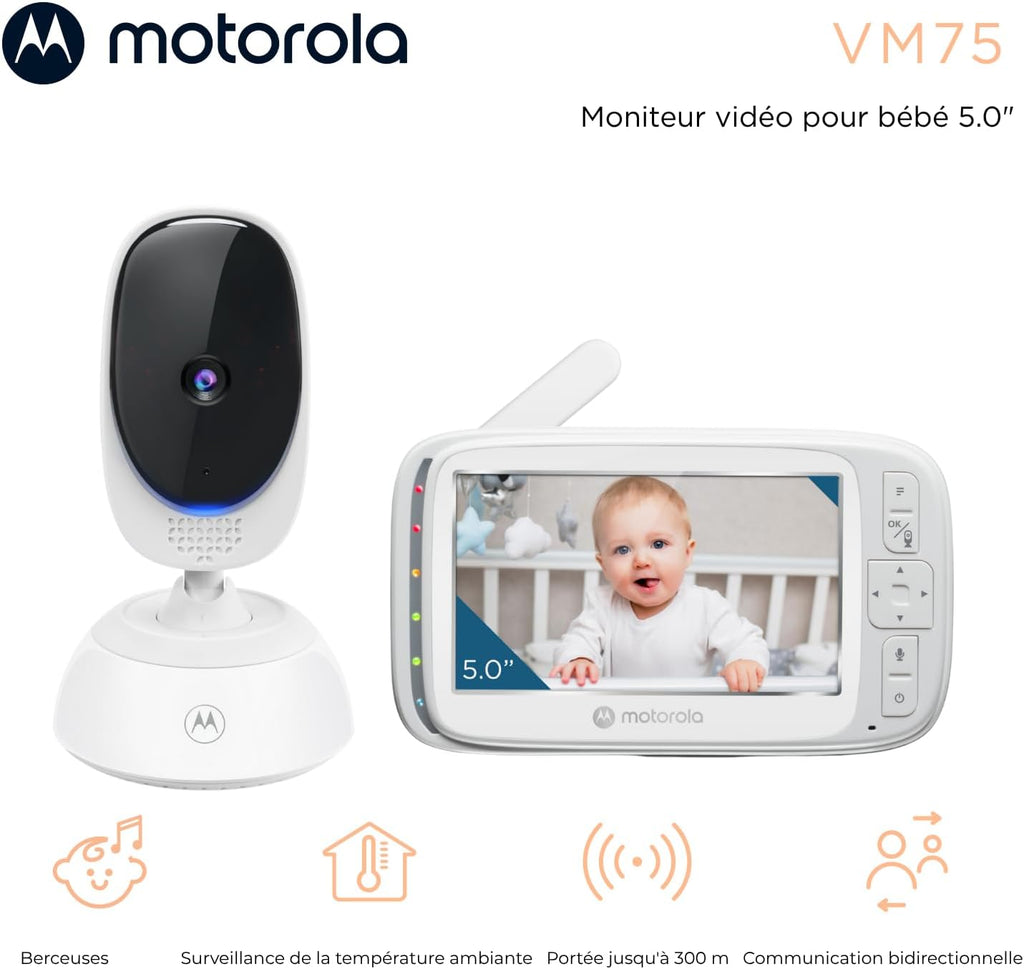 Caméra de Surveillance pour bébé Motorola Nursery VM75 - Moniteur pour bébé avec unité parentale de 5 Pouces - Caméra pour bébé avec Vision Nocturne, Zoom numérique