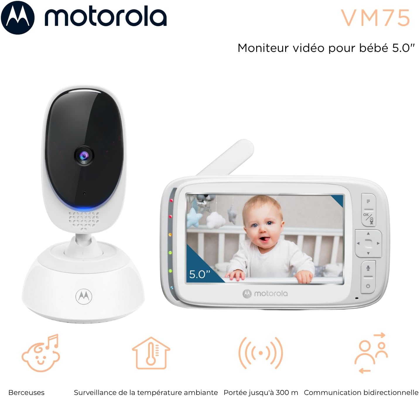 Caméra de Surveillance pour bébé Motorola Nursery VM75 - Moniteur pour bébé avec unité parentale de 5 Pouces - Caméra pour bébé avec Vision Nocturne, Zoom numérique