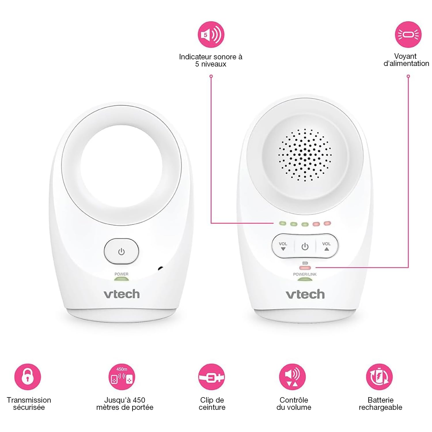 VTech DM1111 Babyphone Audio Numérique – Technologie DECT, Affichage du Niveau de Bruit, Clip Ceinture et Bien Plus – Unité Parentale et Unité Bébé