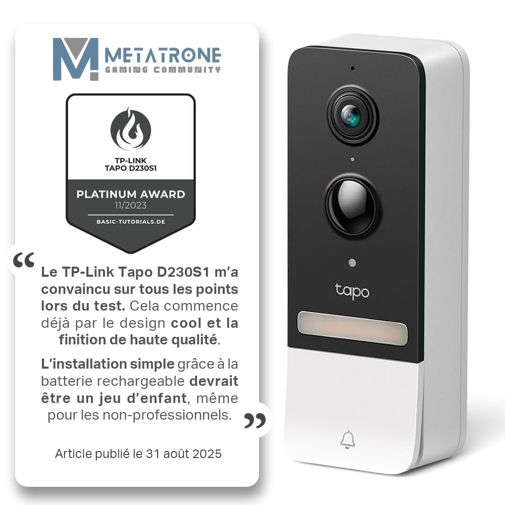 Tapo D205 Sonnette sans fil avec caméra exterieur 2K 3MP, IP54 étanche, Grand angle 160°, Vision Nocturne, Détection Humaine AI gratuite, Audio Bidirectionnel, autonomie 180j, Installation facile