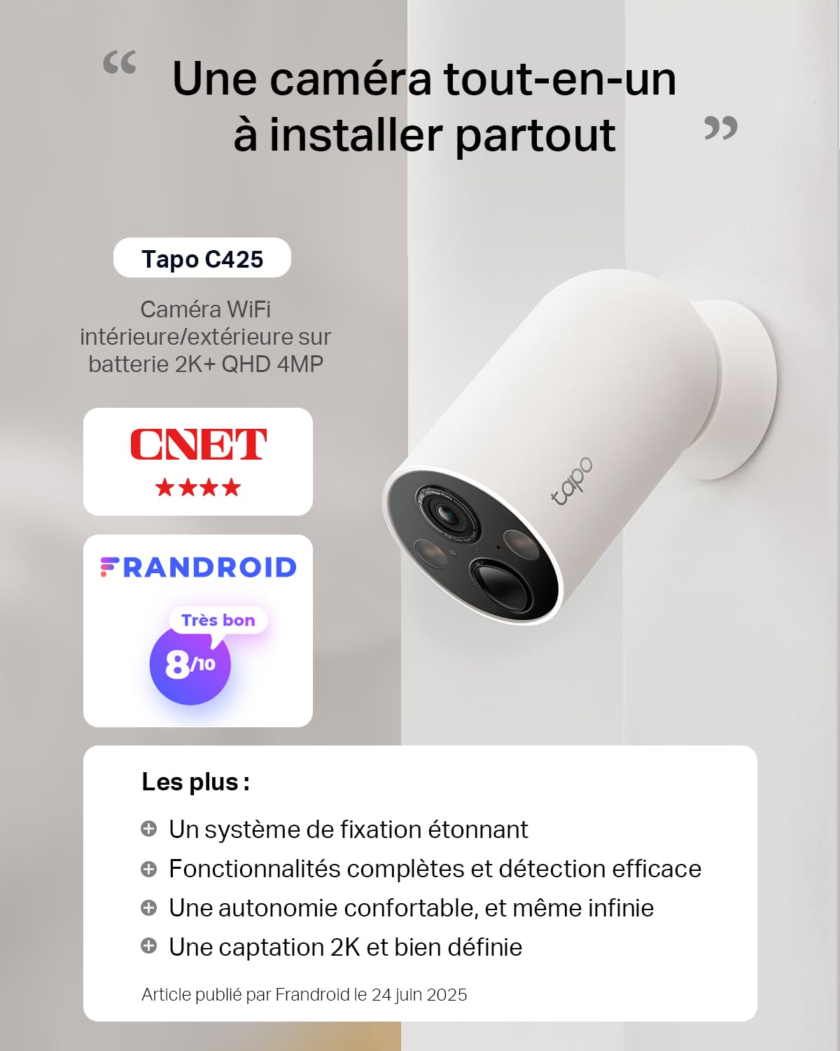 Tapo C425 2.5K 4MP Caméra de Surveillance WiFi Extérieure sans Fil Batterie 10 000mAh Lot de 2, Autonomie de 300j, AI Détection, Vision Nocturne en Couleur, IP66 Etanche, Aucune hub requis