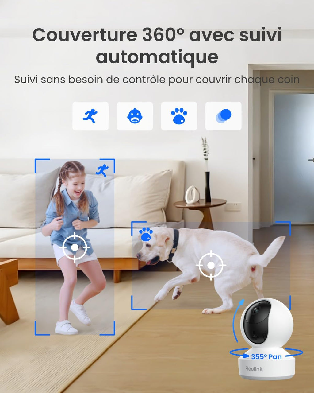 Reolink 3K 5MP Caméra Surveillance WiFi Intérieure 360° PT, Suivi Automatique, Détéction de Personne/Animal/Pleurs de Bébé, Wi-FI 2,4/5 GHz, Vision Nocturne, Audio Bidirectionnel, E1 Pro