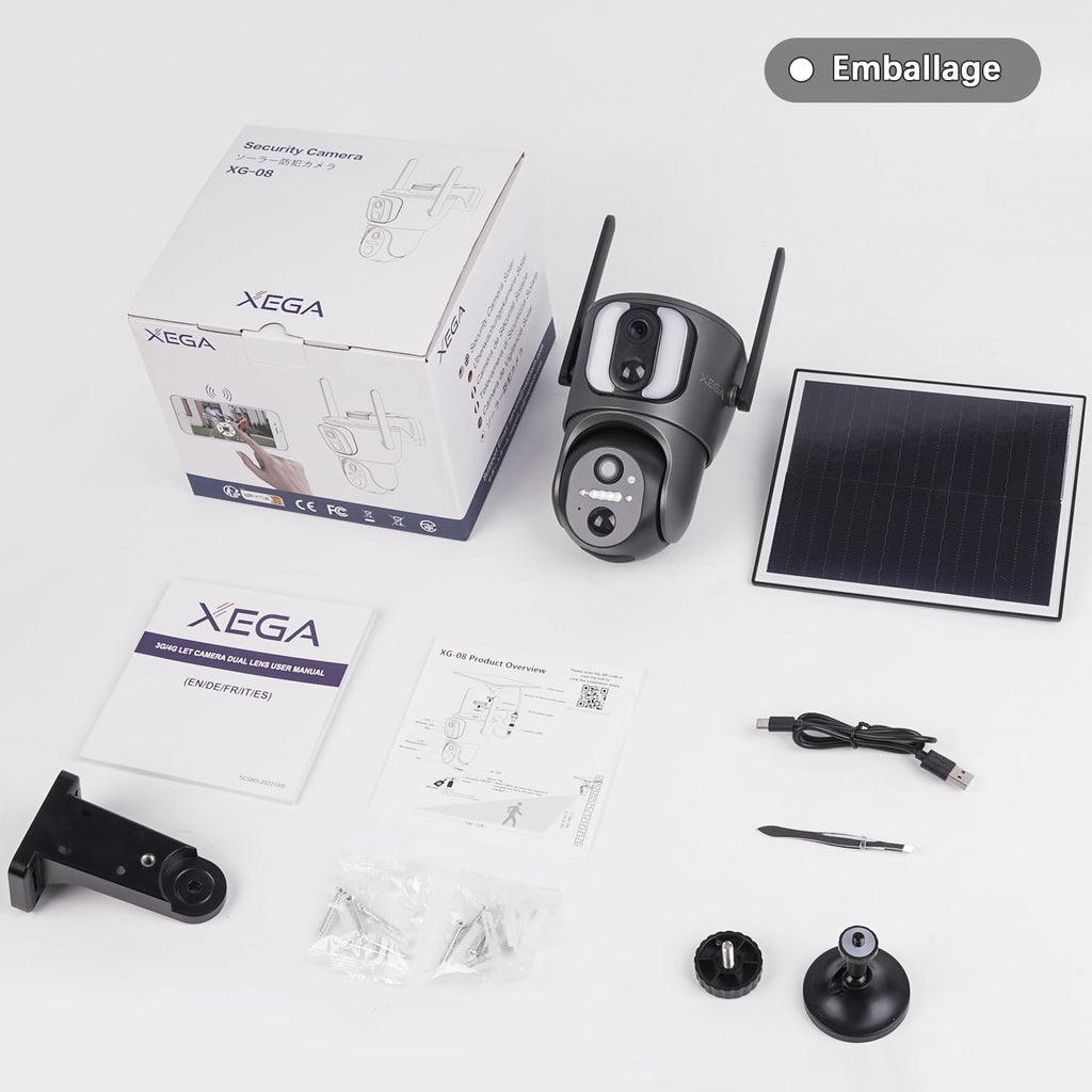 Xega 4G LTE Caméra Solaire【Double Objectif】avec Carte Sim, 14400mAh Camera Extérieure sans Fil, Détection de Personne 2K HD Inclinable 355°/100°, Autonome sur Batterie,Vision Nocturne IP66 (Non WiFi)
