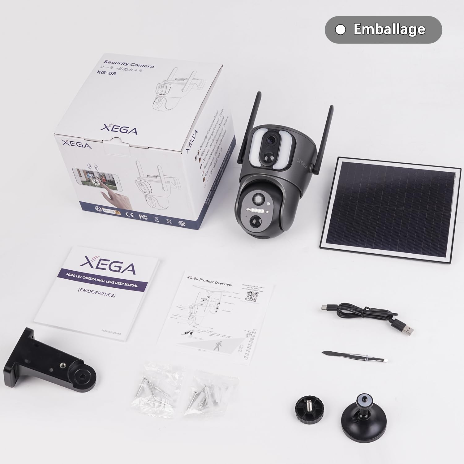 Xega 4G LTE Caméra Solaire【Double Objectif】avec Carte Sim, 14400mAh Camera Extérieure sans Fil, Détection de Personne 2K HD Inclinable 355°/100°, Autonome sur Batterie,Vision Nocturne IP66 (Non WiFi)