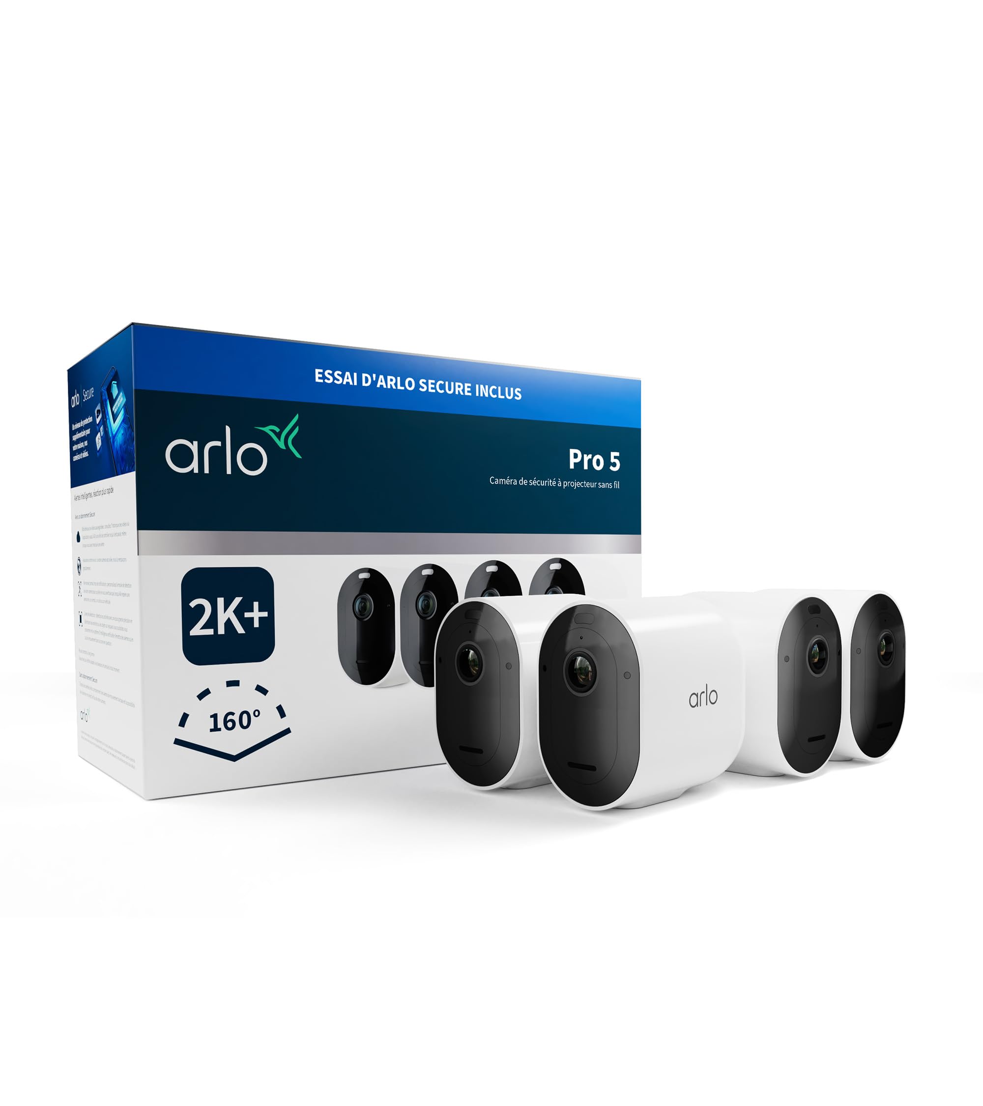 ARLO Pro 5 2K, Caméra de Surveillance WiFi Extérieure sans Fil, Détection par IA, Vision Nocturne Couleur, Audio bidirectionnel, Compatible avec Alexa, Essai Secure Inclus, 2 Caméras