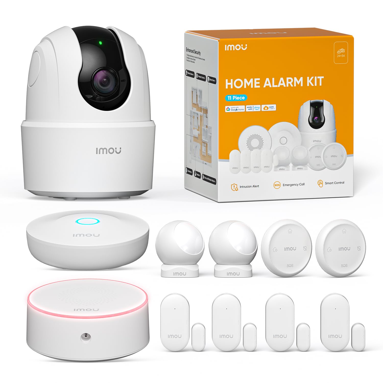 Imou Kit d'Alarme Maison 11 Pièces，Système de Sécurité Complet avec Sirène/Projecteur 100 DB, 1 Caméra Intérieure WiFi, 2 Télécommandes, 4 Capteurs Porte/Fenêtre, 2 Détecteurs de Mouvement