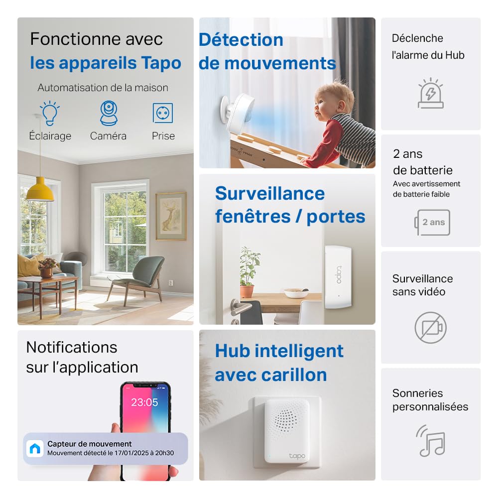 Tapo Détecteur de Mouvement Intelligent Tapo T110, pour la sécurité des fenêtres/Portes, durée de Vie de la Batterie de 1 an et Plus, Notification d'application instantanée, Hub requis