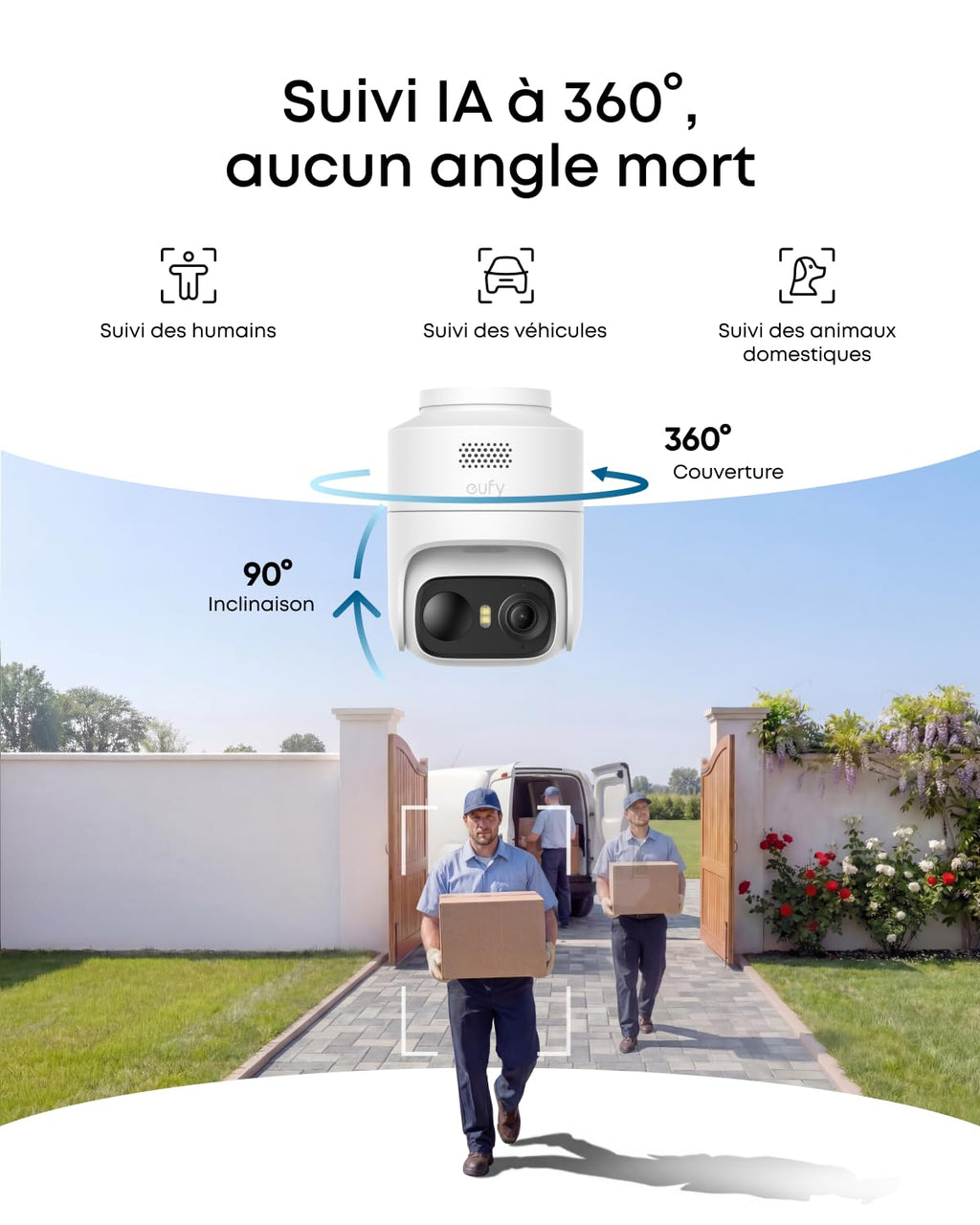 eufy Security eufyCam C37, caméra Surveillance WiFi extérieure sans Fil, Suivi IA motorisé à 360°, Solaire 2K, détection de Personnes/Animaux/véhicules, sans Frais, Carte microSD Non Incluse