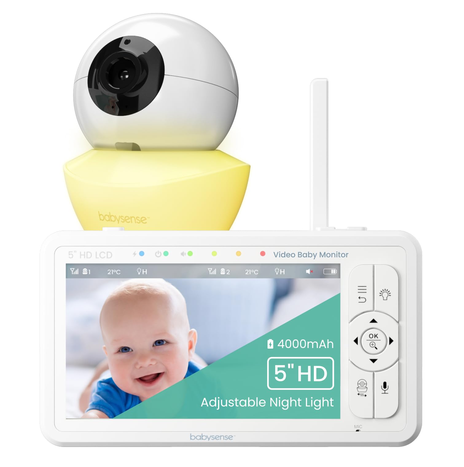 Babysense Moniteur HD Vidéo pour Bébé - Babyphone avec Écran Divisé 5“ et 2 Caméras 720p, Conversation Audio Bidirectionnel, Longue Portée, Veilleuse Réglable, Vision Nocturne, Berceuses