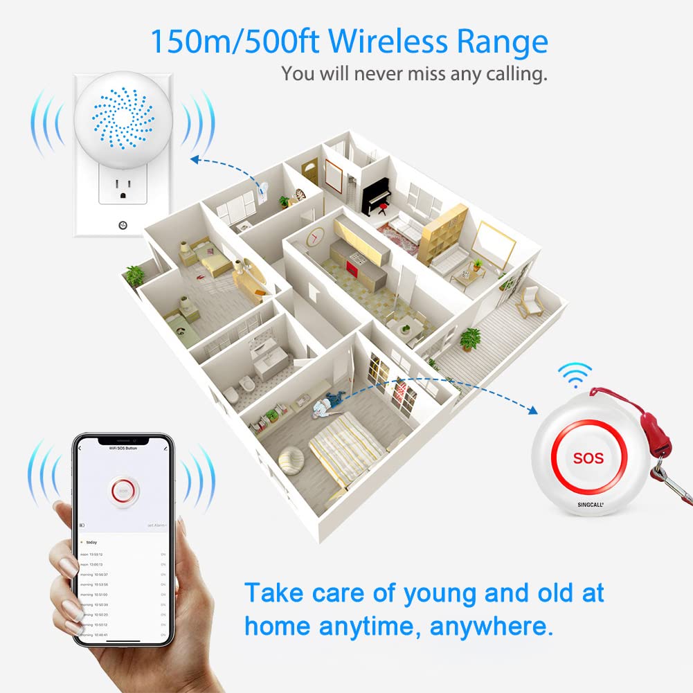 SINGCALL Tuya WiFi Smart Bouton d'urgence SOS, Alarme Personnelle pour Personnes Agées/Enfants/Patients,Téléavertisseur Rechargeable pour Aidants à Domicile,WiFi 2.4Ghz Uniquement, sans Abonnement