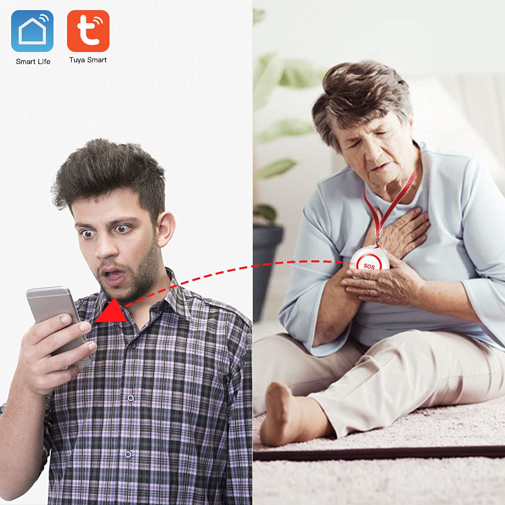 SINGCALL Tuya WiFi Smart Bouton d'urgence SOS, Alarme Personnelle pour Personnes Agées/Enfants/Patients,Téléavertisseur Rechargeable pour Aidants à Domicile,WiFi 2.4Ghz Uniquement, sans Abonnement