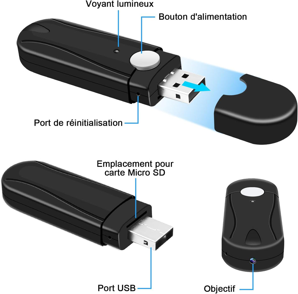 Caméra Espion,Mini Camera Cachée sans Fil Clé USB,Mciro HD 1080P Caméra de Surveillance avec Détection de Mouvement aux pour Réunions et à Une Utilisation en Activités en Plein air