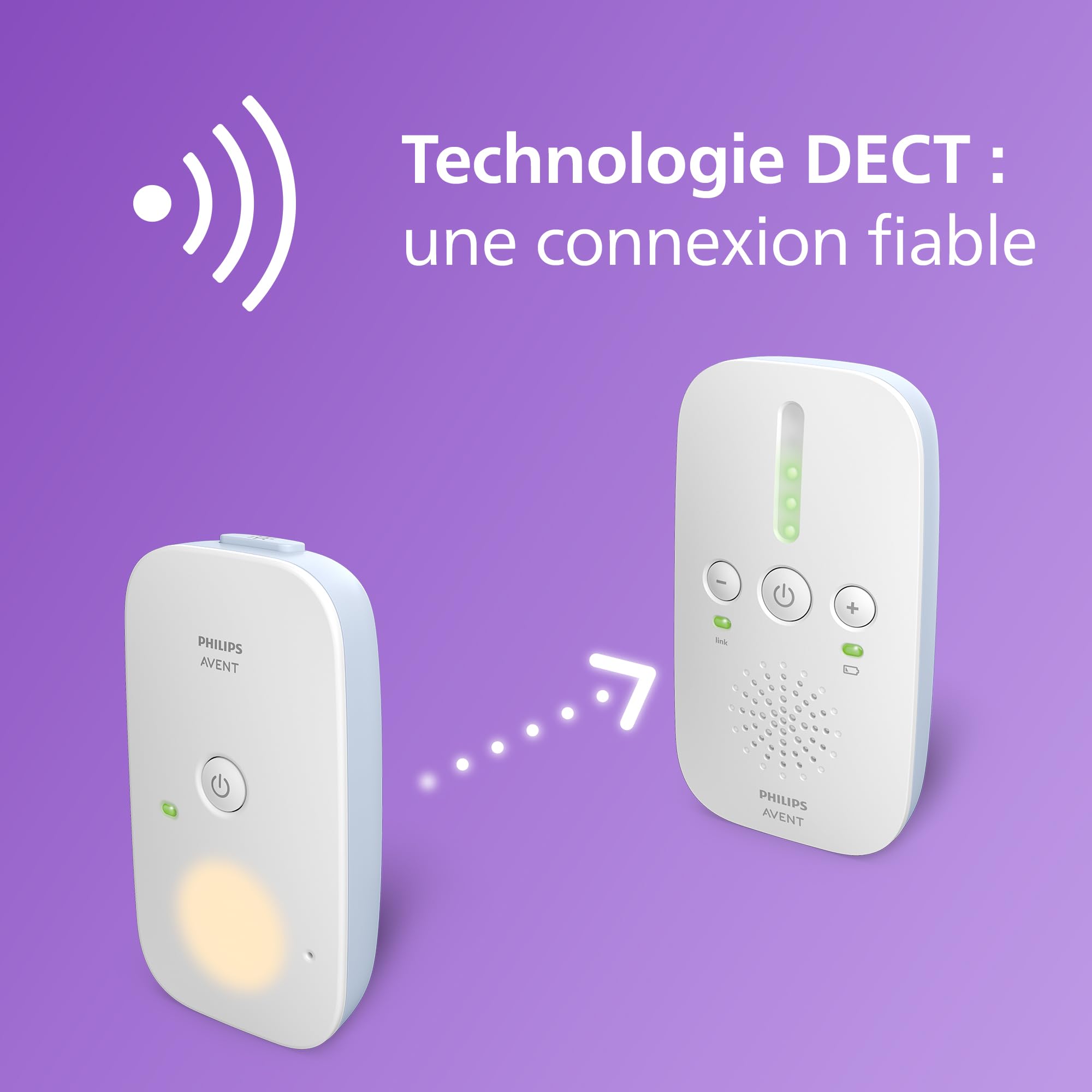 Philips Avent DECT - Écoute-bébé audio bidirectionnel, sans interférence, portée de 330 mètres, autonomie de 24 heures, mode Smart ECO, veilleuse, SCD503/26