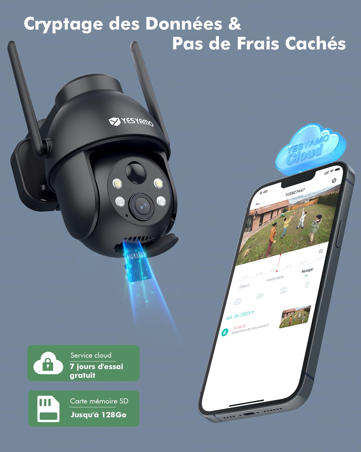 YESYAMO 2K Camera Surveillance WiFi Exterieure sans Fil Solaire, 2.4GHz Camera Exterieur avec Panneau Solaire, 355° PTZ, Vision Nocturne Couleur, Audio Bidirectionnel, PIR Sirène (Noir)