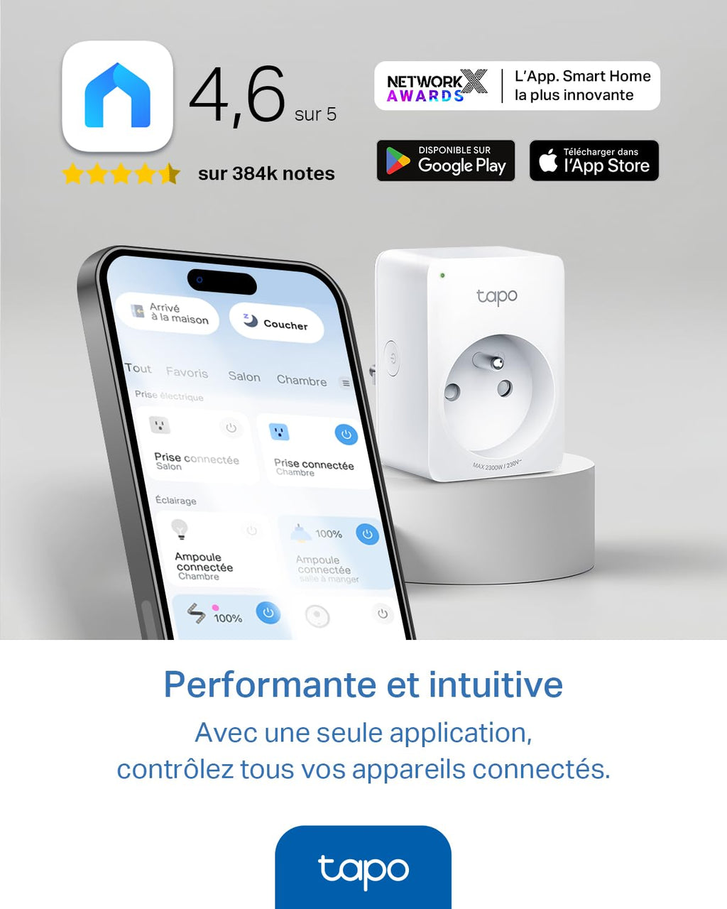 Tapo Matter Prise Connectée WiFi, Suivi de consommation, 16A Type E, Compatible avec Alexa, Google Home et SmartThings, Contrôler le radiateur, le chauffage, Économie d'énergie, Tapo P110M 2-pack(FR)