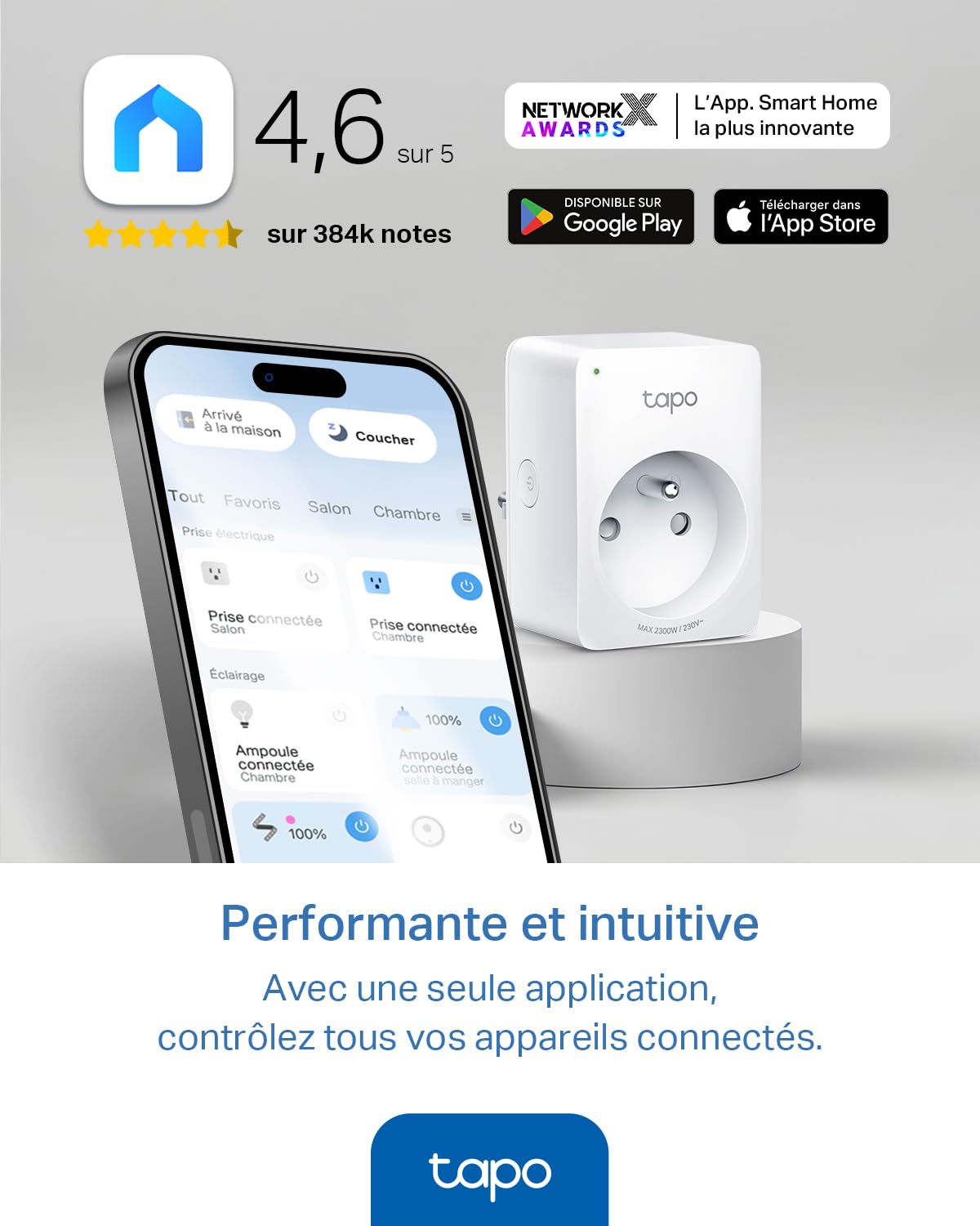 Tapo Matter Prise Connectée WiFi, Suivi de consommation, 16A Type E, Compatible avec Alexa, Google Home et SmartThings, Contrôler le radiateur, le chauffage, Économie d'énergie, Tapo P110M 2-pack(FR)