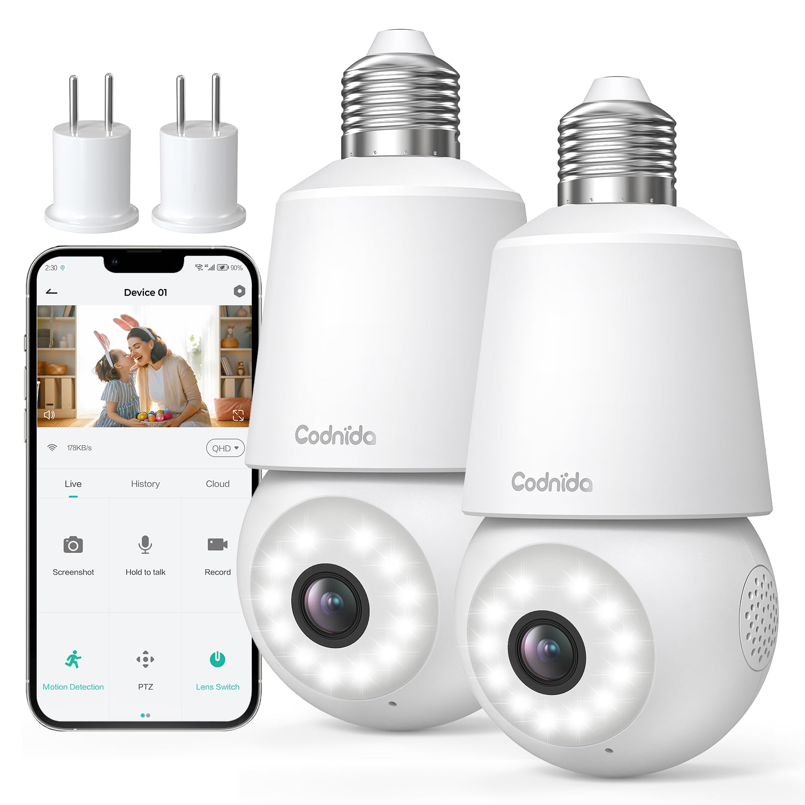 Codnida Camera Surveillance WiFi Intérieur/Extérieure sans Fil,2K Ampoule Camera Surveillance WiFi,Caméras de Surveillance avec Douille de Lampe E27,Sirène et Alarme Lumineuse,Vision Nocturne Couleur