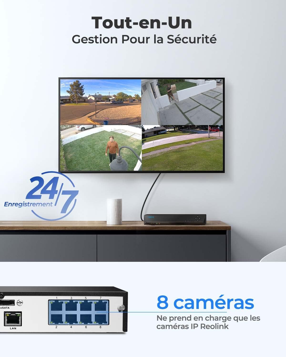 Reolink 4K PoE NVR 8 Canaux Caméra de Sécurité à Domicile Enregistrement de Vidéo avec Disque Dur de 2TO Supportez 16MP/12MP/8MP/5MP/4MP HD IP Caméra RLN8-410