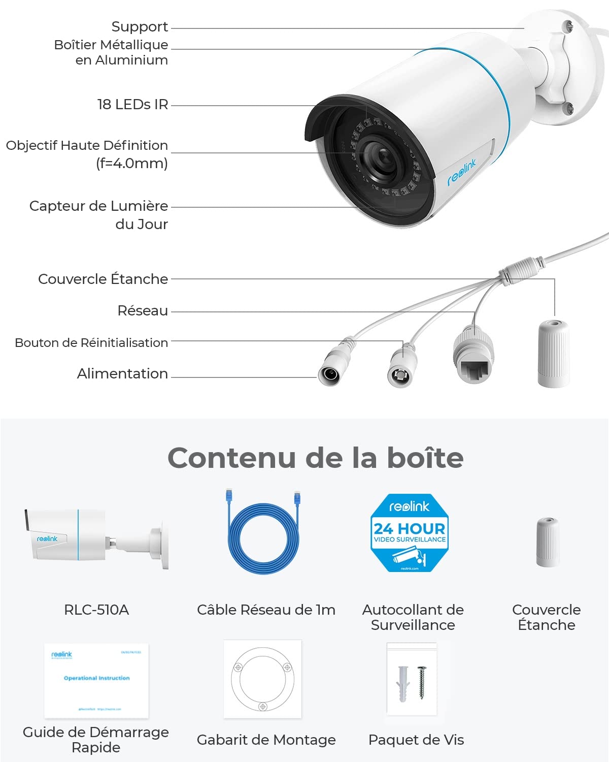 Reolink 5MP Caméra de Surveillance Extérieure PoE, Caméra IP Extérieure avec Détection Personne/Véhicule, Etanche IP67, Time Lapse, Vision Nocturne IR 30m, Support Audio et Carte microSD, RLC-510A