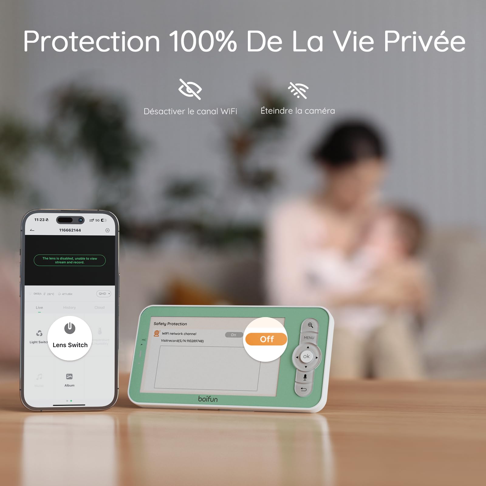 BOIFUN Babyphone Camera Bébé 2K, Baby Phone avec Caméra WiFi et Moniteur 5", Vision Nocturne Invisible, Veilleuse Bébé Colorée Réglable, Alerte Mouvements/Pleurs, Température, Zoom 4X, Rappel Biberon