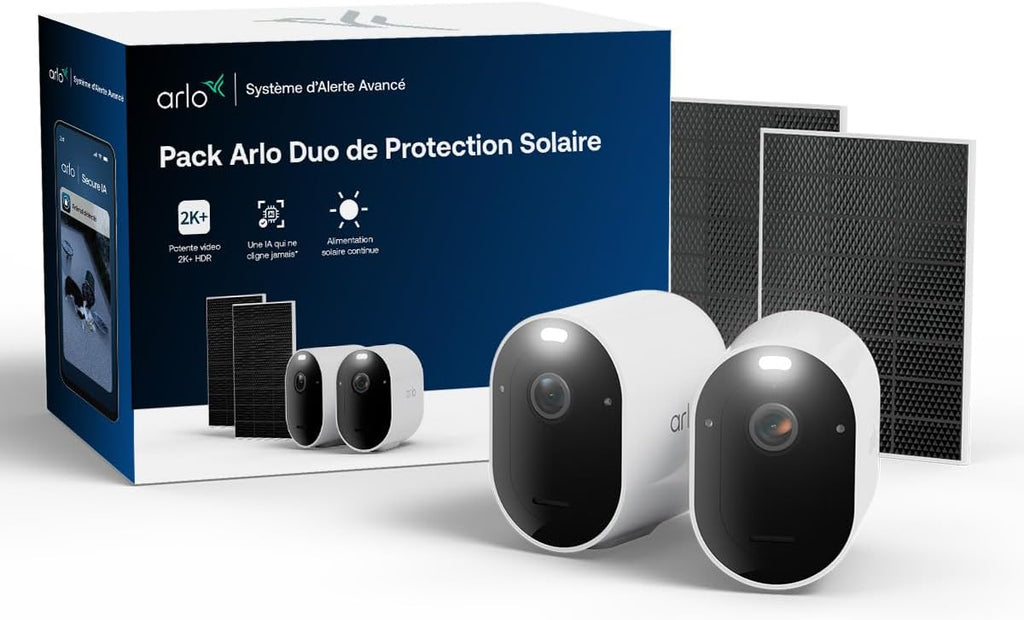 Arlo Pro 6 - Système de caméra de sécurité extérieure sans fil avec 2 panneaux solaires, 2K+ HDR, caméra extérieure fonctionnant sur batterie, vision nocturne couleur avancée, suivi automatique, essai