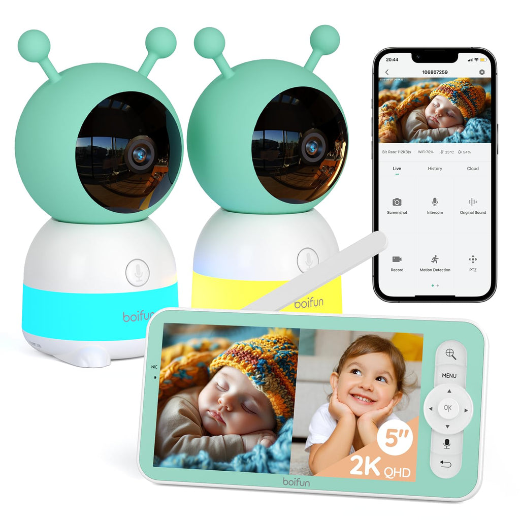 BOIFUN Babyphone Camera Bébé 2K, Baby Phone avec Caméra WiFi et Moniteur 5", Vision Nocturne Invisible, Veilleuse Bébé Colorée Réglable, Alerte Mouvements/Pleurs, Température, Zoom 4X, Rappel Biberon
