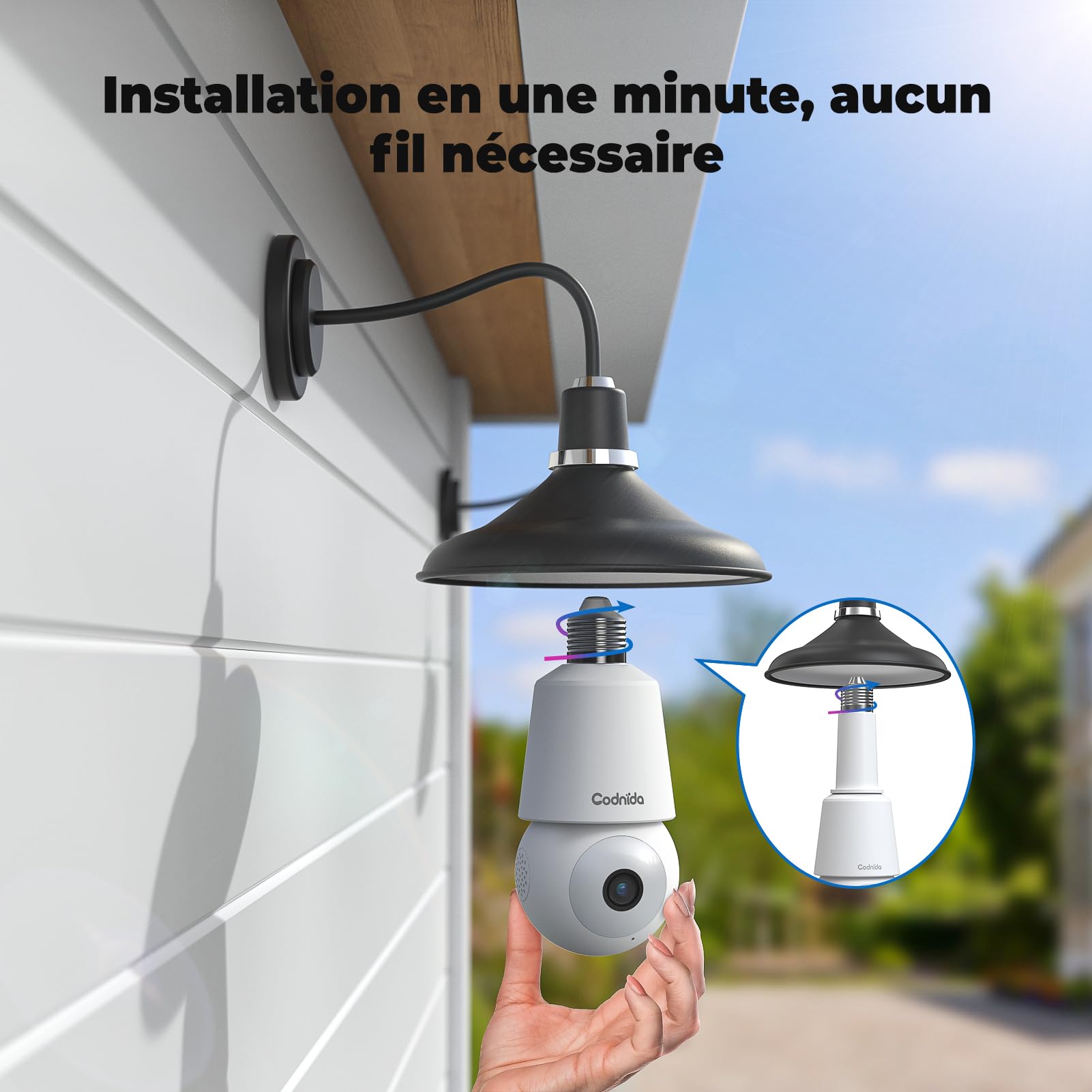 Codnida Camera Surveillance WiFi Intérieur/Extérieure sans Fil,2K Ampoule Camera Surveillance WiFi,Caméras de Surveillance avec Douille de Lampe E27,Sirène et Alarme Lumineuse,Vision Nocturne Couleur