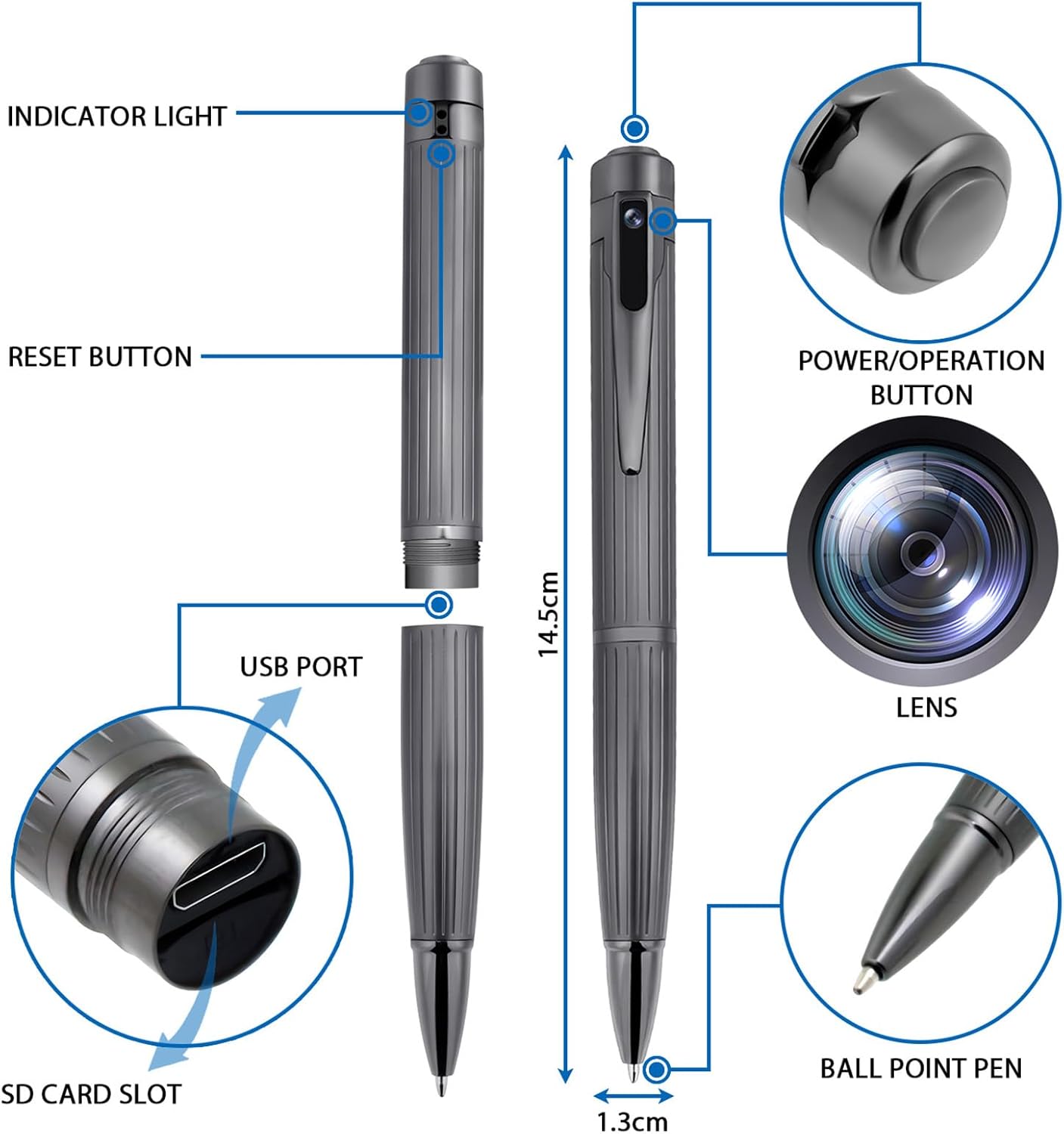 OTADUG Caméra Stylo Espion, caméra cachée 1080P de 16 Go avec Surveillance des mouvements, Enregistrement vidéo et Audio