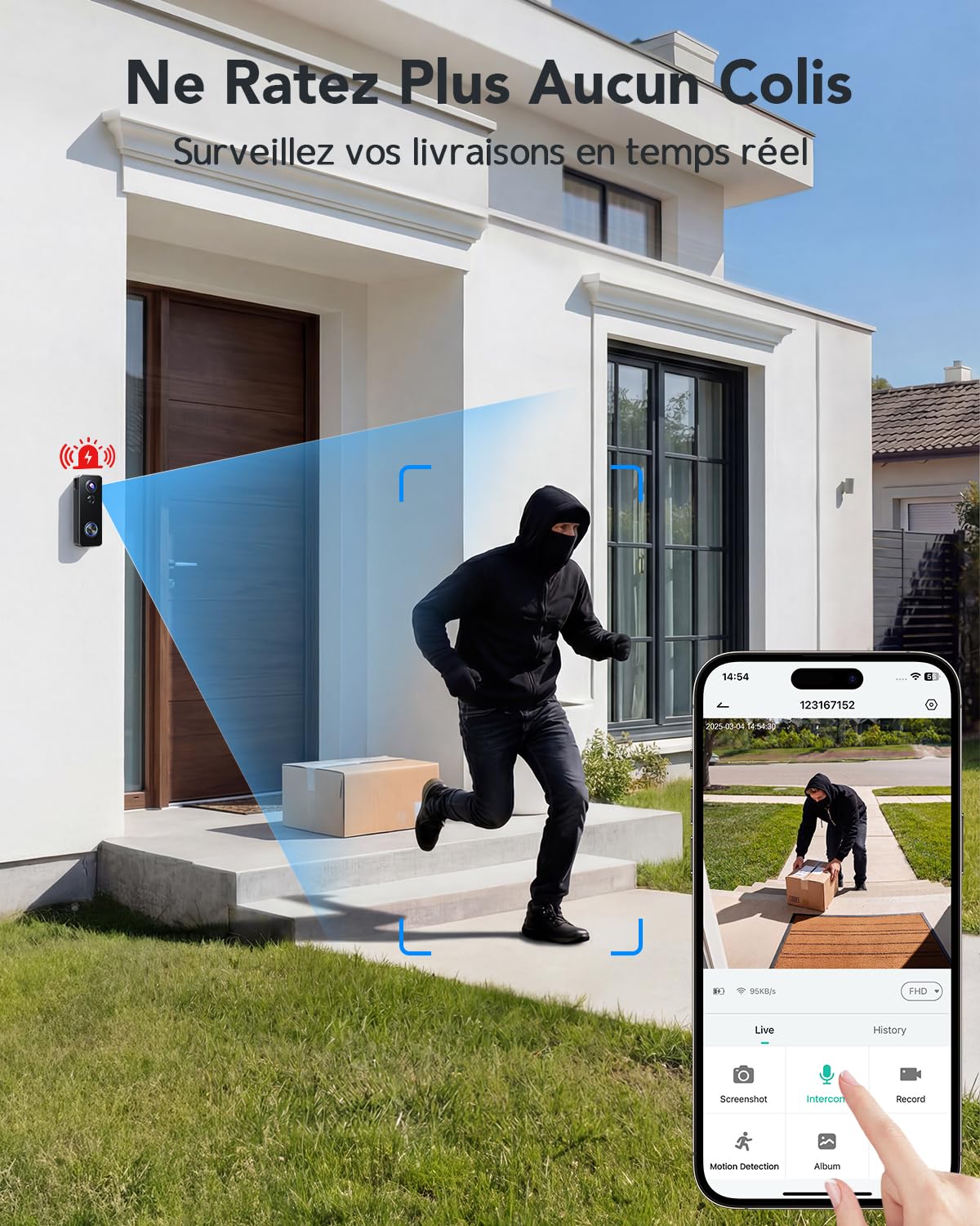 XTU 2K HD Sonnette sans Fil Exterieur Etanche, Sonnette sans Fil avec Camera Vue Complète 180°, Détection Humaine PIR, Audio Bidirectionnel, Uniquement 2,4G WiFi, Stockage Carte SD