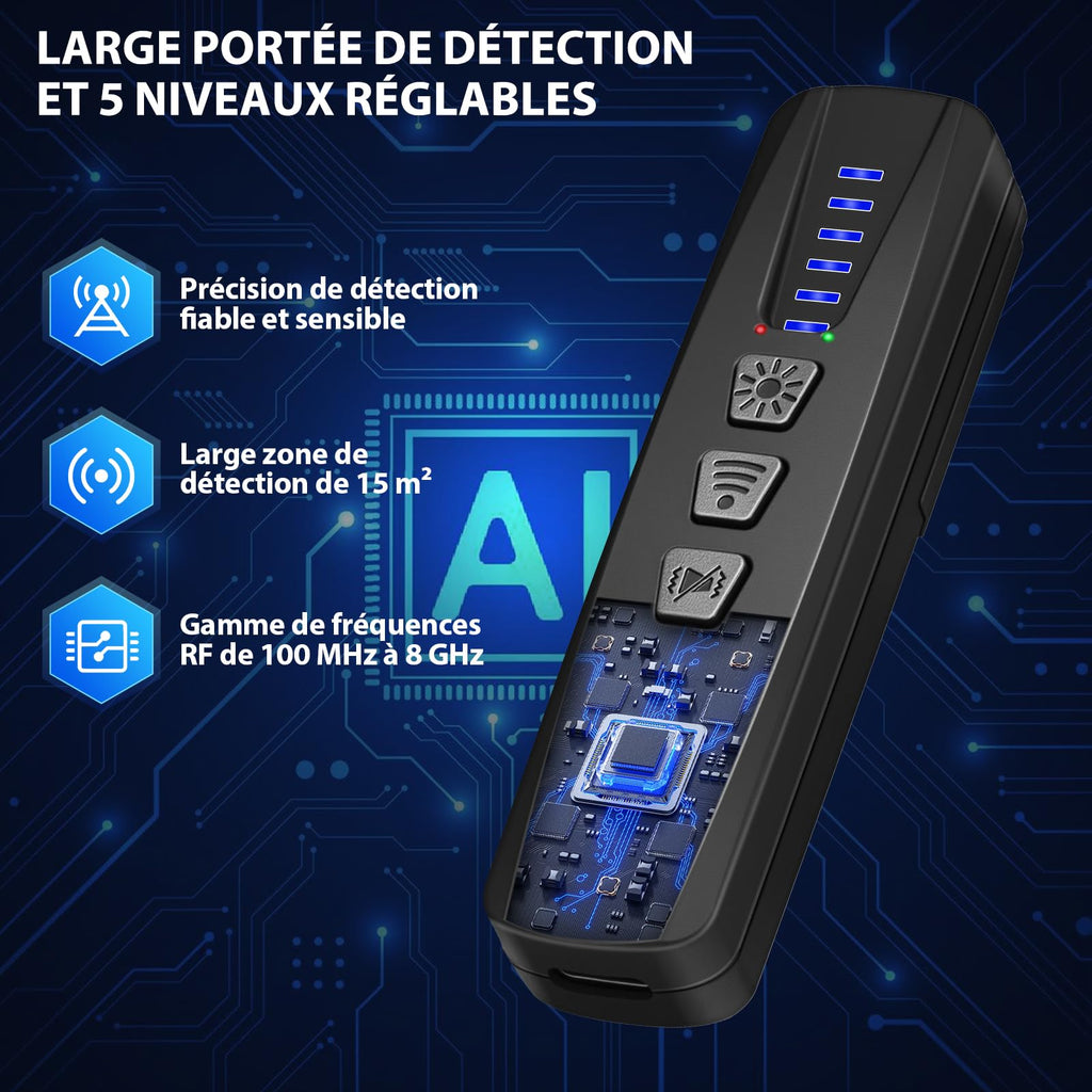 Detecteur de Camera et Micro Espion, Detecteur de Traceur GPS Voiture, Détecteur de Caméra Espion WiFi et Scanner RF pour Hôtel, Salle de Bains, Voiture, Bureau et Voyage