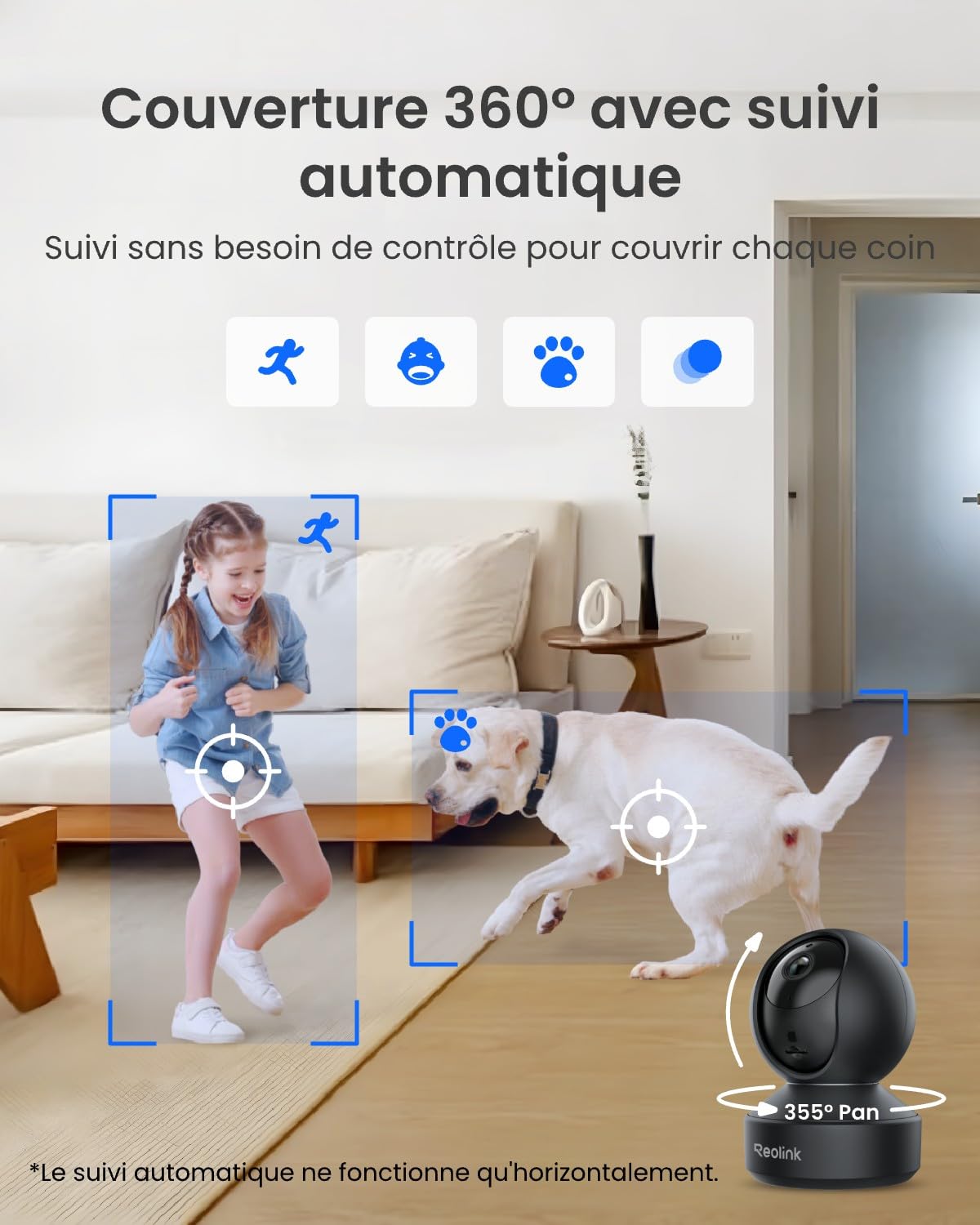 Reolink 3K 5MP Caméra Surveillance WiFi Intérieure 360° PT, Suivi Automatique, Détéction de Personne/Animal/Pleurs de Bébé, Wi-FI 2,4/5 GHz, Vision Nocturne, Audio Bidirectionnel, E1 Pro