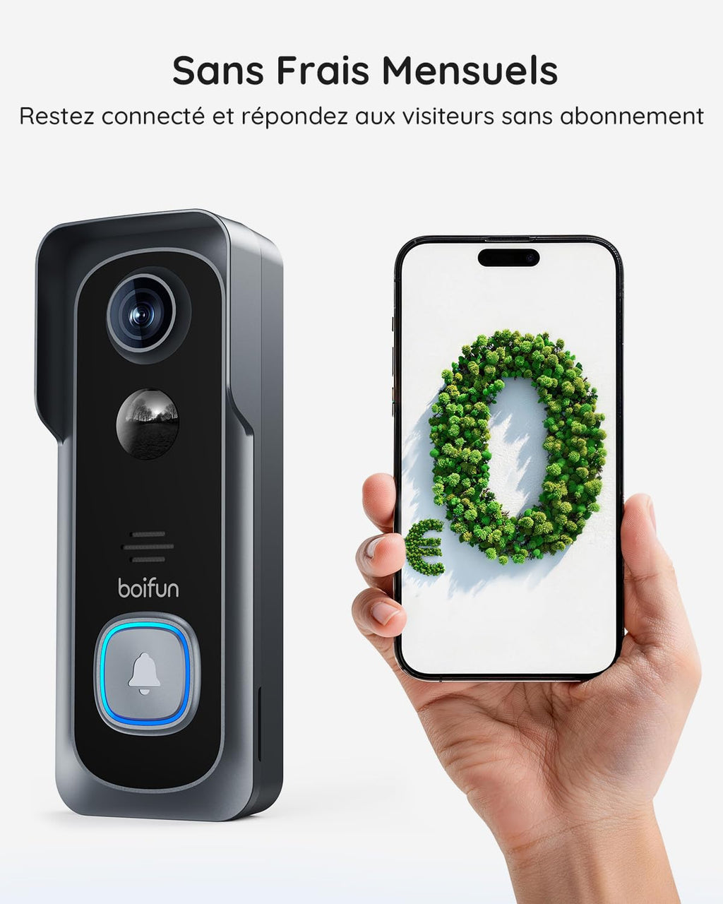 BOIFUN Sonnette sans Fil Exterieur Etanche, 2K, Grand Angle de 166°, Installation Facile, Détection Humaine par IA, Vision Nocturne, Compatible Carte SD, IP65 étanche, 3MP Wi-FI 2,4 GHz Noir