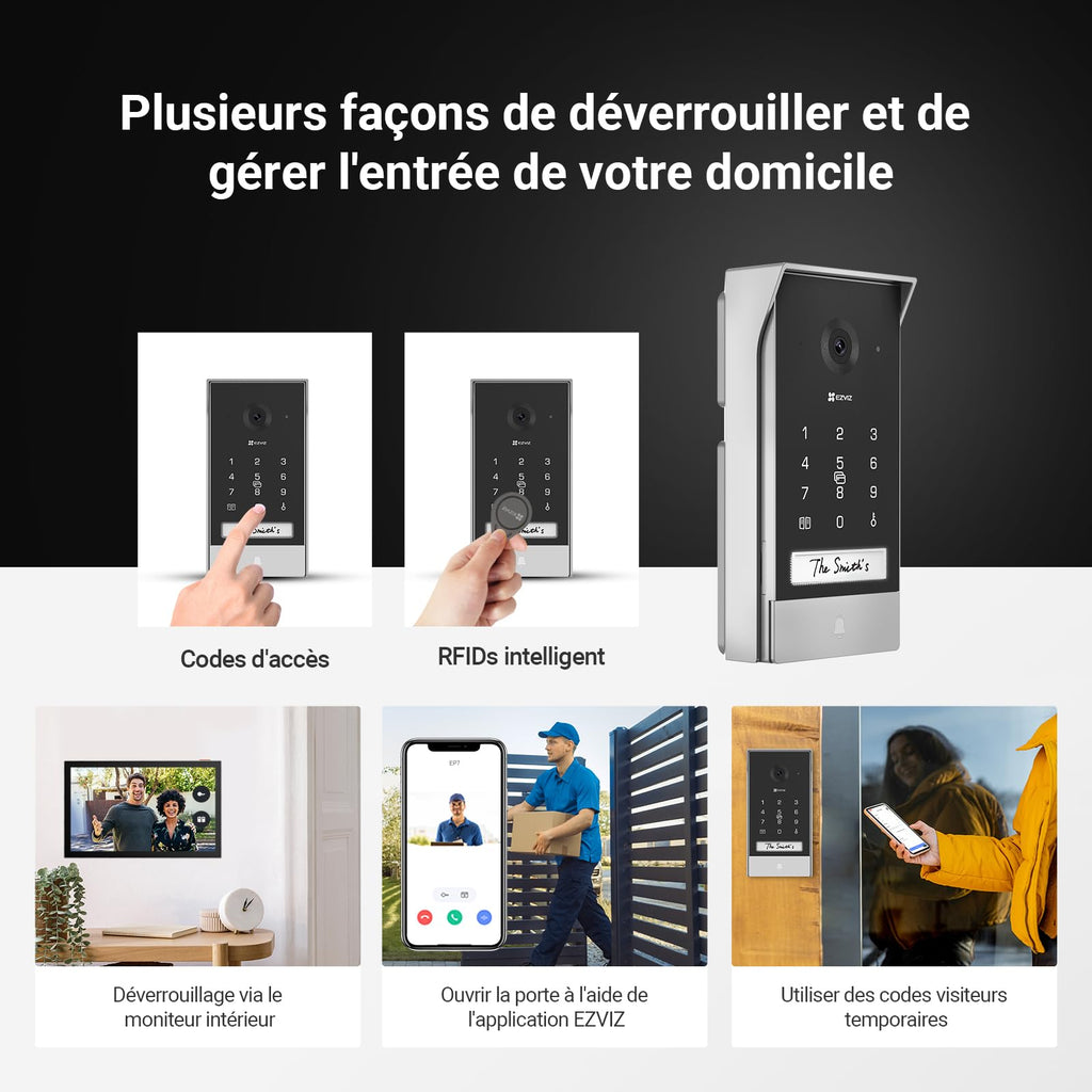 EZVIZ CP7 2K Visiophone Connecté Interphone Vidéo, 7 Pouces Moniteur Tactile, Unlock à Distance, 2 Fils, Detection Humaine, Option RFID, Audio Bidirectionnel, Vision Nocturne, étanche, WiFi bi-Bande