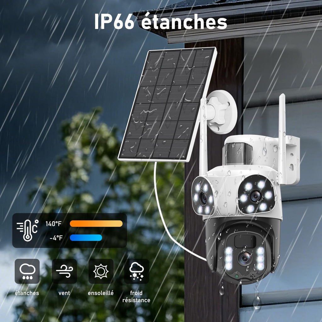 4K Camera Surveillance WiFi Exterieure sans Fil,à triple objectif/Camera Solaire/Batterie,2.4/5G WIFI,360° PTZ Sécurité à Domicile,Vision Vocturne,Alarme,Audio Bidirectionnel,Suivi Automatique,8MP HD